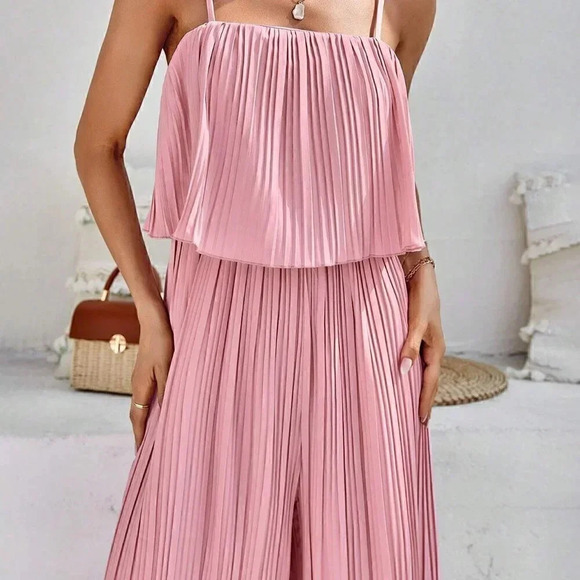 Pink Preppy Womens Solid Pleated Cami Jumpsuit - Picture 5 of 5
